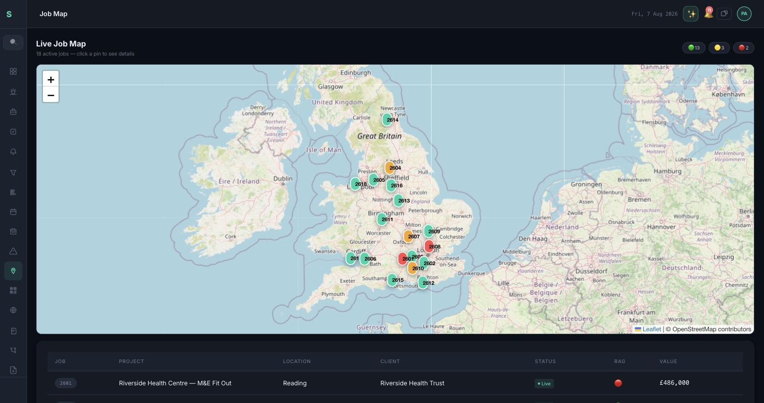 Strucly live job map with jobs pinned across the UK